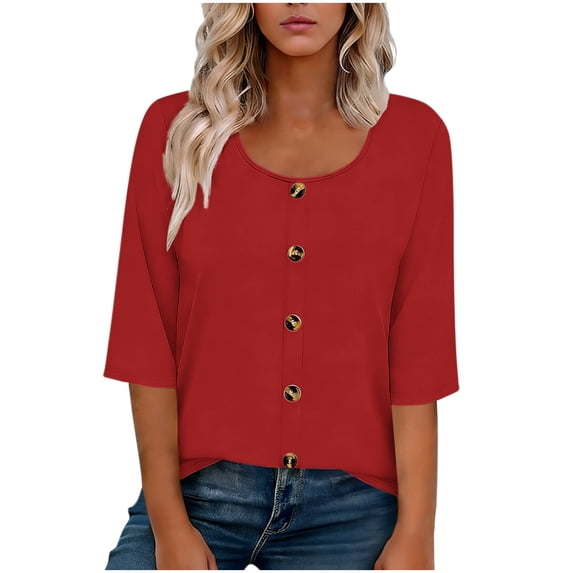 DeHolifer Linen Tops for Women 3/4 Length Sleeve Crewneck Button Down Shirts Dressy Casual Summer Tops Red L