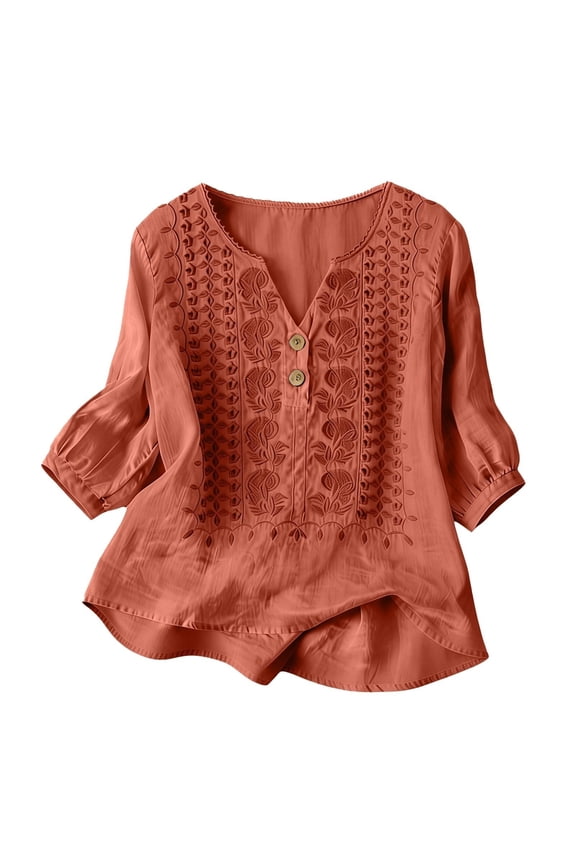 Linen Tops for Women Embroidered 3/4 Sleeve Bohemian Peasant Shirts V-Neck Boho Spring Gauze Cotton Blouse Tunic Orange L