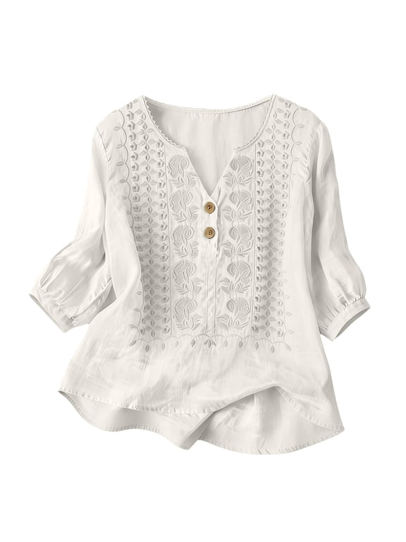 Linen Tops for Women Embroidered 3/4 Sleeve Bohemian Peasant Shirts V-Neck Boho Spring Gauze Cotton Blouse Tunic White M