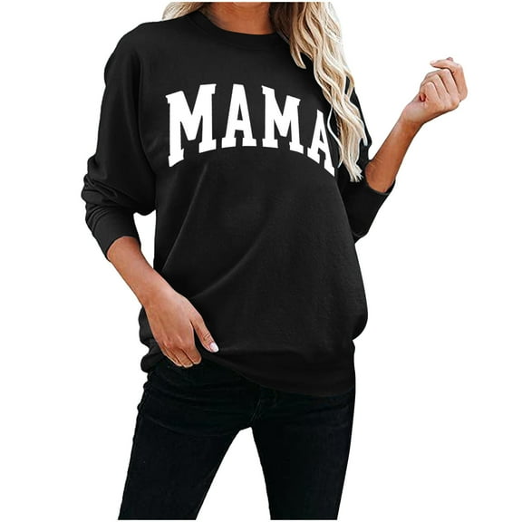 DeHolifer Mama Sweatshirt Women Funny Mama Letter Print Graphic Mom Life Long Sleeve Crewneck Pullover Shirt Loose Tops Black L