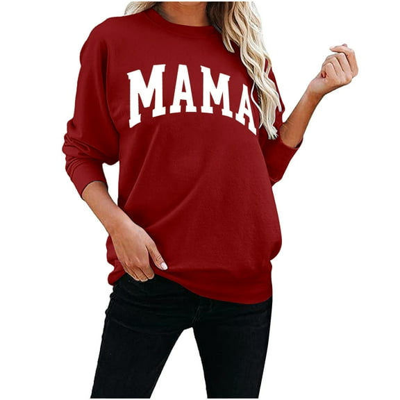 QQAMB Mama Sweatshirt Women Funny Mama Letter Print Graphic Mom Life Long Sleeve Crewneck Pullover Shirt Loose Tops Wine S