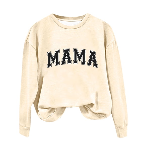 DeHolifer Mama Sweatshirts for Women Plus Size Letter Print Fall Trendy Crewneck Sweatshirt Long Sleeve MAMA Graphic Pullover Tops Beige M