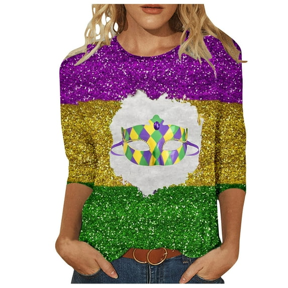 DeHolifer Mardi Gras T-shirts for Women 3/4 Sleeve Carnival Mask Graphic Pritned Crewneck Holiday T-shirts Casual Fashion Blouse Tops Multicolor M