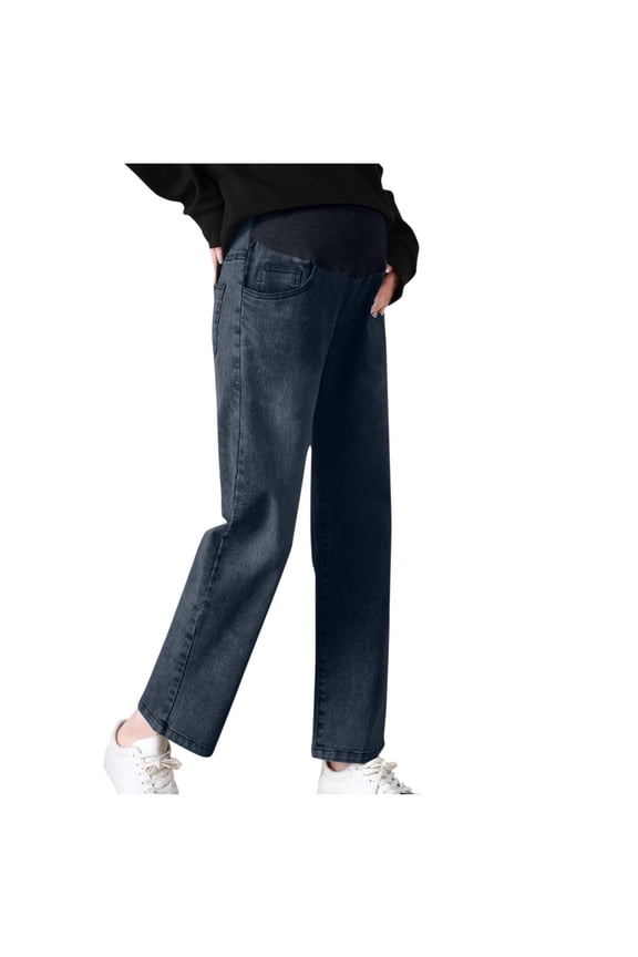 Maternity Jeans for Women Over Belly Comfy Pull On Straight Leg Casual Stretchy Denim Mom Jeans Pregnancy Pants Gray L