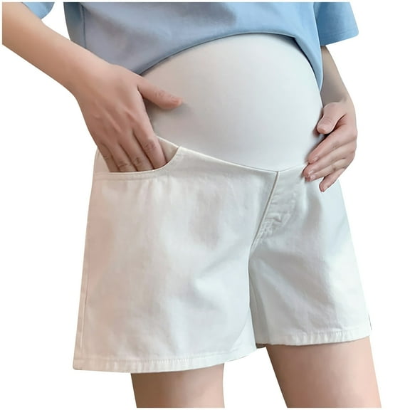 DeHolifer Maternity Shorts for Women Under Belly High Waisted Solid Color Casual Shorts with Pockets Beige L