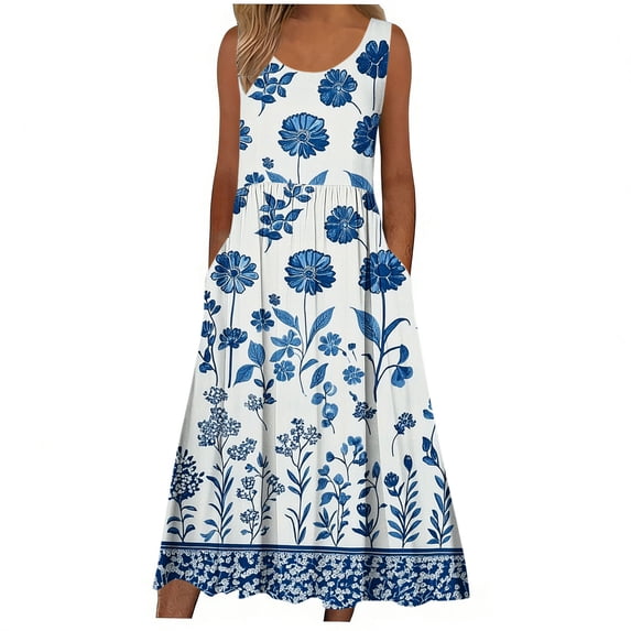 DeHolifer Maxi Dress for Women Casual Boho Floral Print Sleeveless Long Dress with Pockets Loose A-Line Sundress for Beach Travel Multicolor 2XL