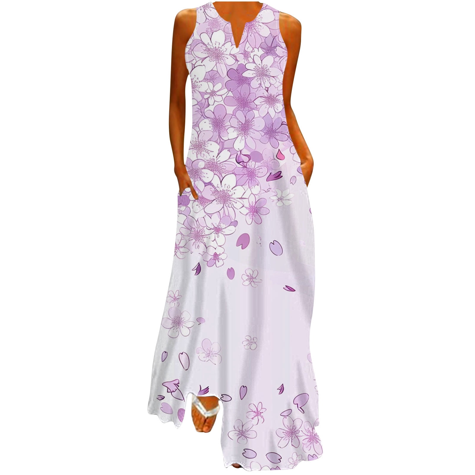 DeHolifer Maxi Dresses for Women Summer Trendy Floral Print Notch V ...