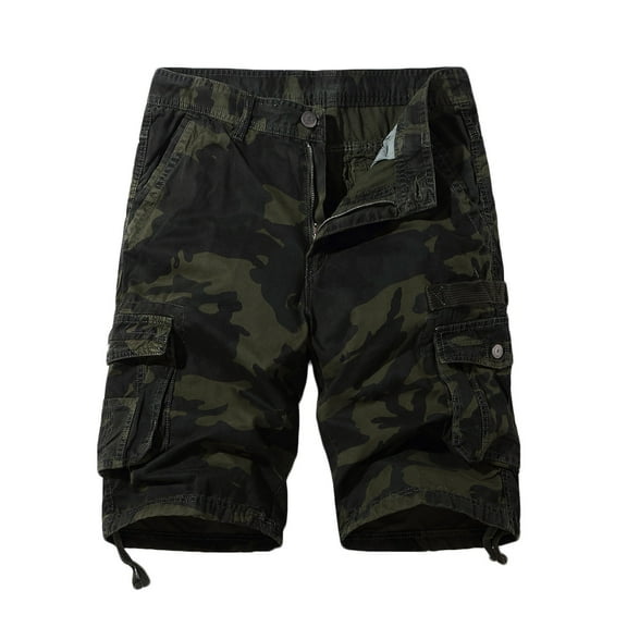 DeHolifer Men Cargo Shorts Elastic Waist Cotton Camo Print Casual Outdoor Cargo Shorts with Multi-pocket Button Zipper Army Green S