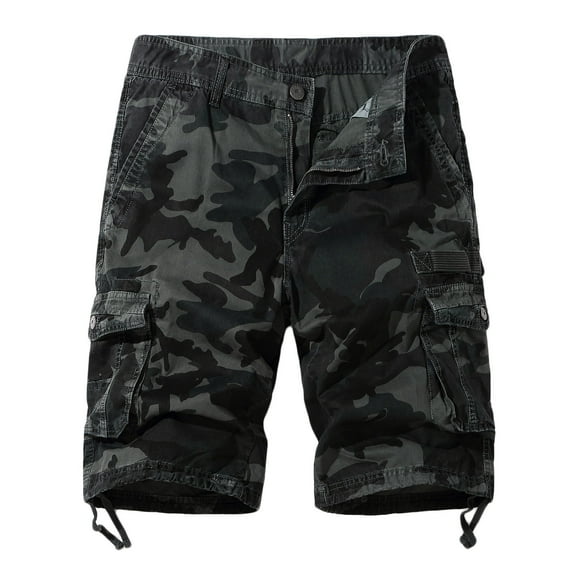QQAMB Men Cargo Shorts Elastic Waist Cotton Camo Print Casual Outdoor Cargo Shorts with Multi-pocket Button Zipper Dark Gray S