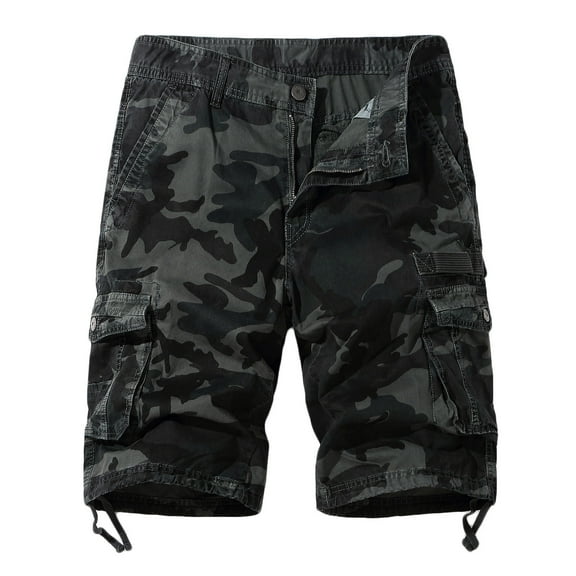 QQAMB Men Cargo Shorts Elastic Waist Cotton Camo Print Casual Outdoor Cargo Shorts with Multi-pocket Button Zipper Dark Gray XL