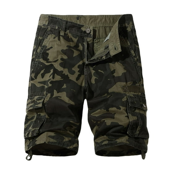 DeHolifer Men Cargo Shorts Elastic Waist Cotton Camo Print Casual Outdoor Cargo Shorts with Multi-pocket Button Zipper Khaki S