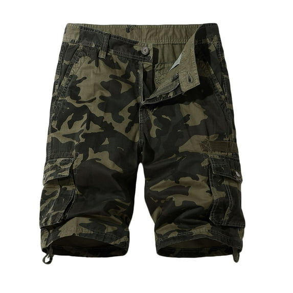 QQAMB Men Cargo Shorts Elastic Waist Cotton Camo Print Casual Outdoor Cargo Shorts with Multi-pocket Button Zipper Khaki XS