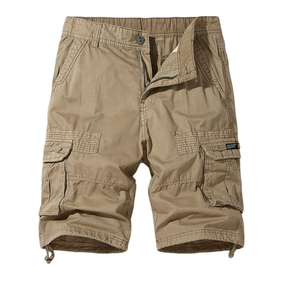 QQAMB Men Cargo Shorts Elastic Waist Cotton Solid Color Casual Outdoor Cargo Shorts with Multi-pocket Button Zipper Khaki 2XL