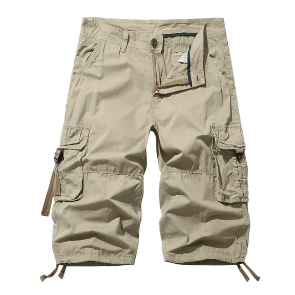 QQAMB Men Cargo Shorts Elastic Waist Cotton Solid Color Casual Outdoor Cargo Shorts with Multi-pocket Button Zipper Khaki L