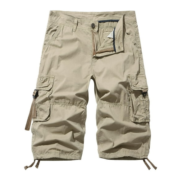 QQAMB Men Cargo Shorts Elastic Waist Cotton Solid Color Casual Outdoor Cargo Shorts with Multi-pocket Button Zipper Khaki S