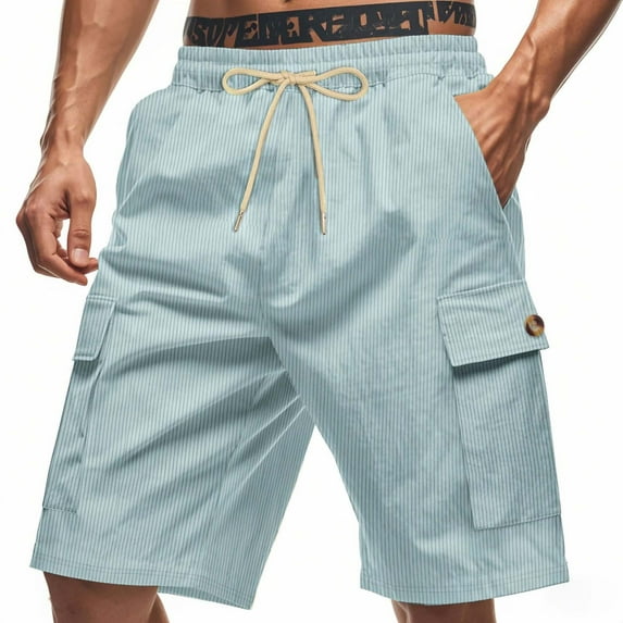 QQAMB Men Cargo Shorts Plus Size Solid Color Drawstring Elastic Waist Summer Lightweight Shorts with Multiple Pockets Light Blue 3XL