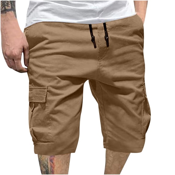 DeHolifer Men Cargo Shorts with Drawstring Durable 6 Pocket Outdoor Work Shorts Cotton Hiking Half Pants Brown L