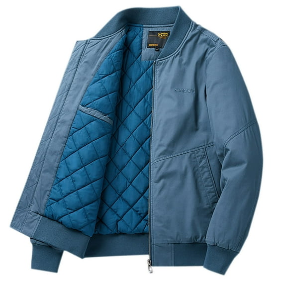 QQAMB Men Coat Cotton Zipper Solid Color Long Sleeve Crewneck Winter Coat for Men with Pocket Sky Blue M