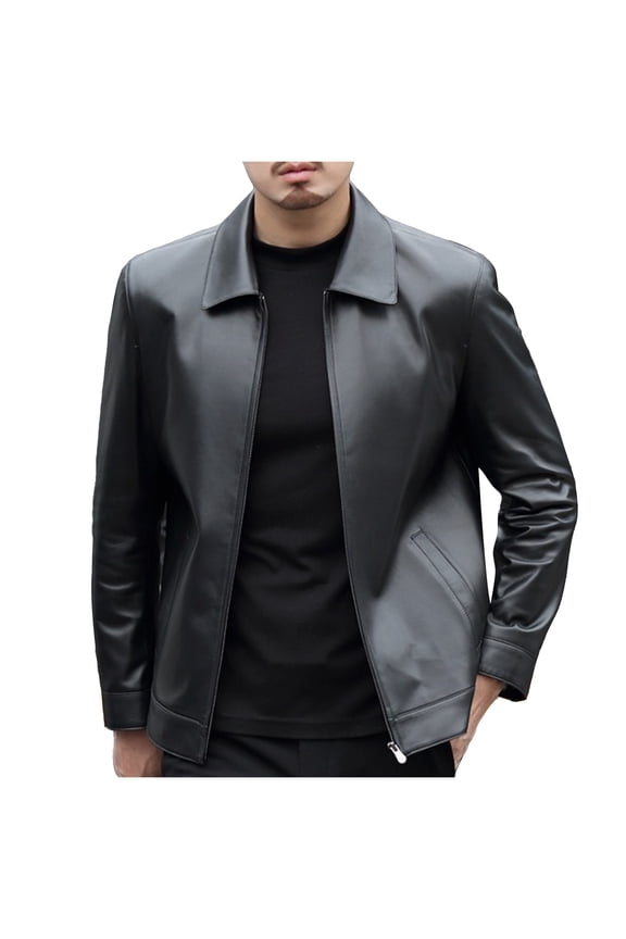 Men Jacket Leather Long Sleeve Winter Solid Color Lapel Coat Streetwear Leather Jackets Black L