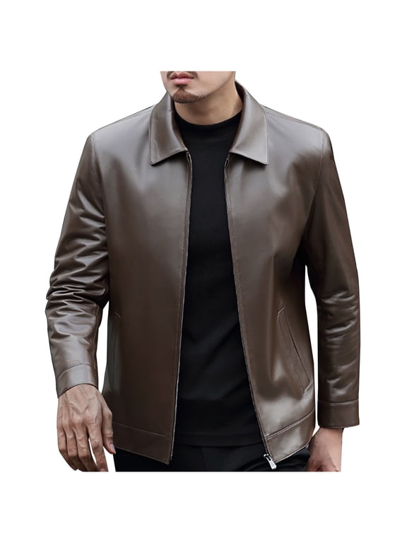 Men Jacket Leather Long Sleeve Winter Solid Color Lapel Coat Streetwear Leather Jackets Brown L