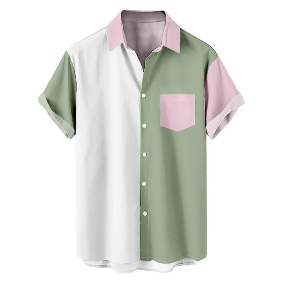 DeHolifer Men Shirt Short Sleeve Lapel Button Color Block Casual Shirt Loose Casual Fashion Blouse Tops Green 4XL
