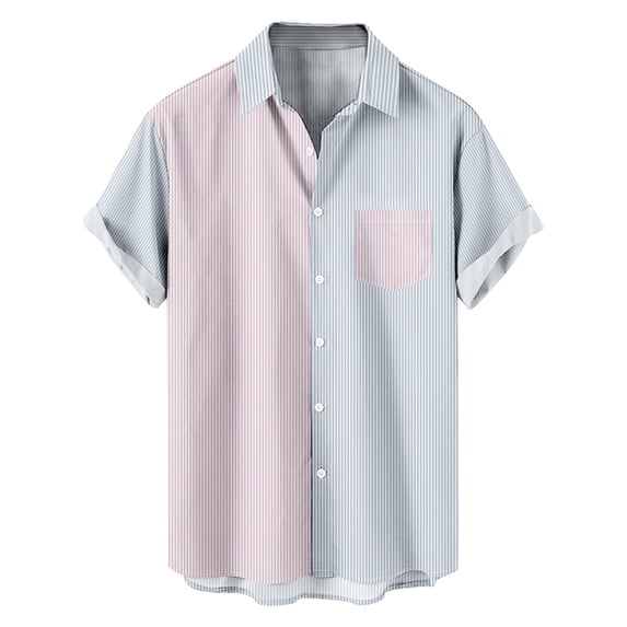 DeHolifer Men Shirt Short Sleeve Lapel Button Color Block Casual Shirt Loose Casual Fashion Blouse Tops Pink 3XL