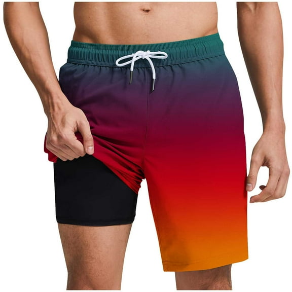 QQAMB Men Shorts Plus Size Casual Gradient Color Elastic Waist Drawstring Summer Trendy Beach Pants Red XL