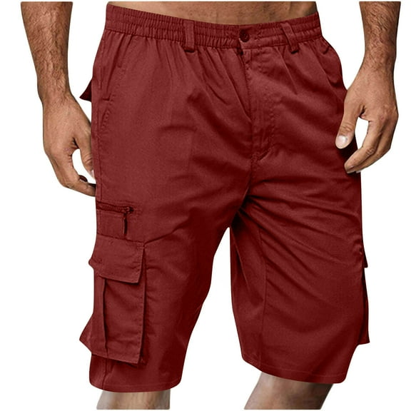 QQAMB Men Shorts Plus Size Elastic Waisted Solid Color Loose Button Zipper Shorts with Multi-Pocket Red 2XL