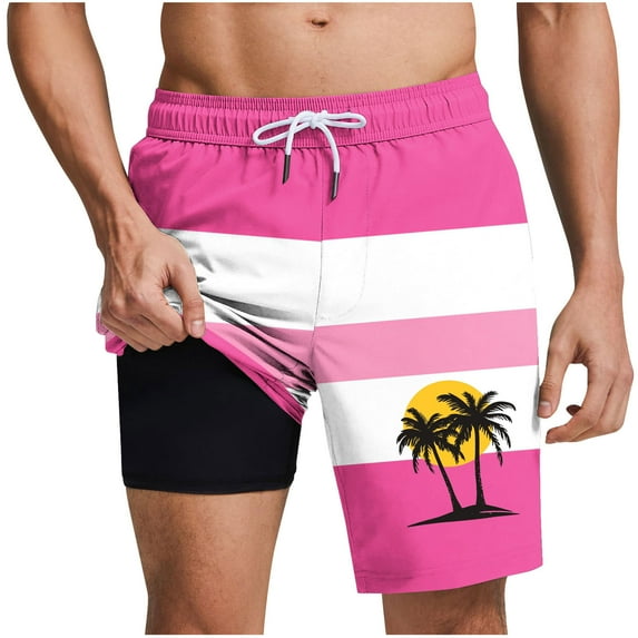 QQAMB Men Shorts Plus Size Elastic Waisted Strip Printed Palm Graphic Printed Summer Loose Comfy Shorts with Pocket Hot Pink S
