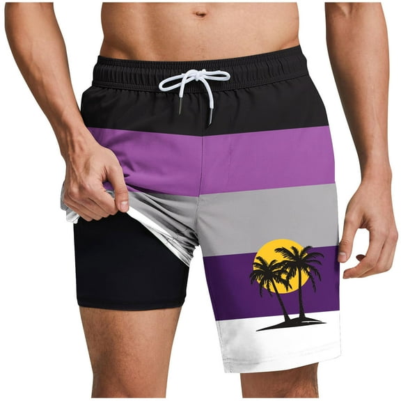 DeHolifer Men Shorts Plus Size Elastic Waisted Strip Printed Palm Graphic Printed Summer Loose Comfy Shorts with Pocket Purple L