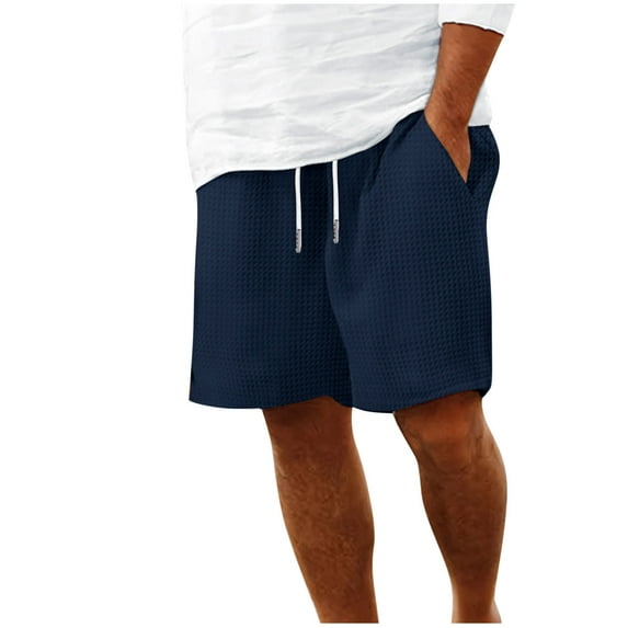 QQAMB Men Shorts Plus Size Waffle Solid Color Casual Elastic Waist Summer Beach Shorts with Pocket Navy S