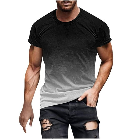 DeHolifer Men T Shirt Gradient Color Crewneck Short Sleeve Summer Casual Tee T Shirt Loose Sprot Fitness Tops Black 4XL