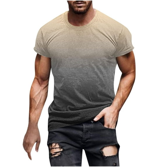 DeHolifer Men T Shirt Gradient Color Crewneck Short Sleeve Summer Casual Tee T Shirt Loose Sprot Fitness Tops Khaki 3XL