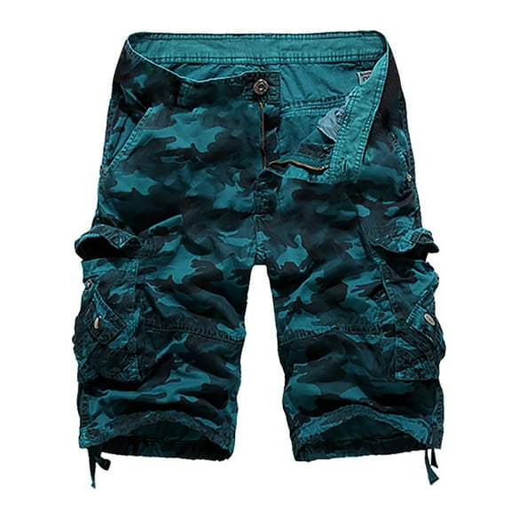 DeHolifer Men's Camo Cargo Shorts Cotton Relaxed Fit Multi-Pocket Outdoor Camouflage Cargo Shorts Blue XL
