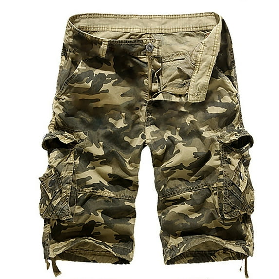 QQAMB Men's Camo Cargo Shorts Cotton Relaxed Fit Multi-Pocket Outdoor Camouflage Cargo Shorts Khaki 5XL