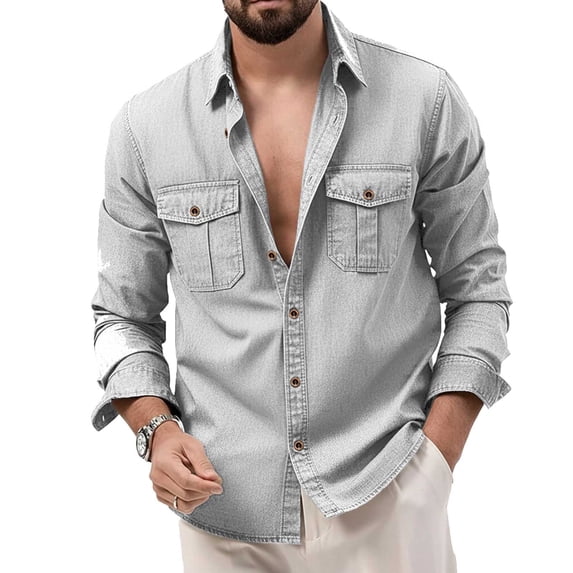 DeHolifer Men's Cargo Shirts Stand Collar Long Sleeve Loose Business Casual Shirts with Chect Pockets Gray M