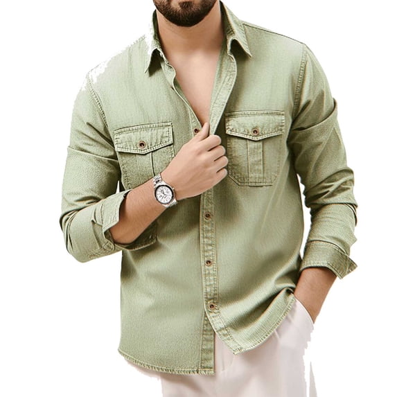 DeHolifer Men's Cargo Shirts Stand Collar Long Sleeve Loose Business Casual Shirts with Chect Pockets Green XL