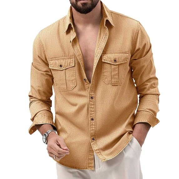 DeHolifer Men's Cargo Shirts Stand Collar Long Sleeve Loose Business Casual Shirts with Chect Pockets Khaki 3XL