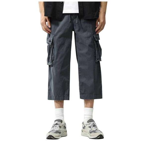 DeHolifer Men's Cargo Shorts Stretch Plus Size Casual Elastic Waisted Solid Color Drawstring Shorts with Multi Pockets Gray M