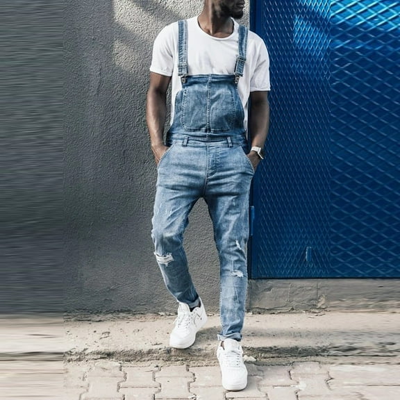 DeHolifer Men's Denim Bib Overalls Casual Fashion Slim Fit Straight Leg Hole Suspender Jumpsuit with Pockets Blue L