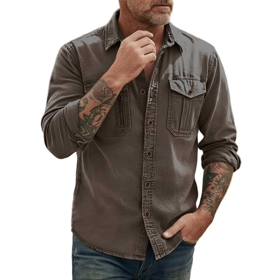 DeHolifer Men's Denim Shirt Plus Size Solid Color Button Down Long Sleeve Cowboy Work Shirts Brown L