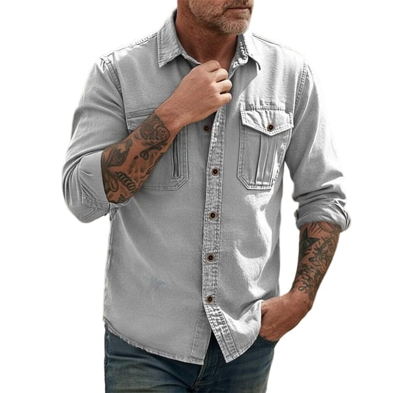 DeHolifer Men's Denim Shirt Plus Size Solid Color Button Down Long Sleeve Cowboy Work Shirts Gray XL