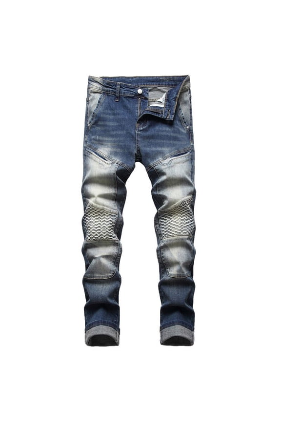 Men's Jeans Solid Retro Skinny Ripped Hole Jeans Slim Fit Distressed Stretch Denim Pants Blue 36