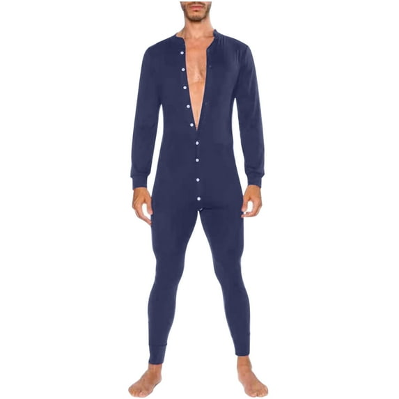 DeHolifer Men's Jumpsuit Solid Color Fashion Fit Open Button Onesie Home Wear Jumpsuit Loose Casual Pajamas Navy M