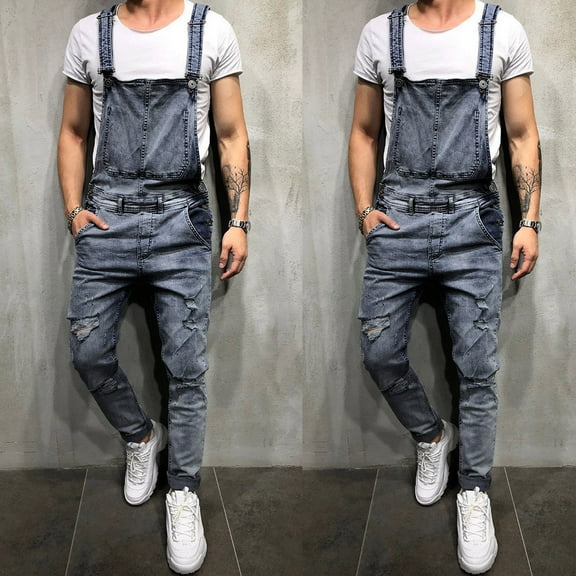 QQAMB Men's Jumpsuit Suspender Pocket Overall Pants Broken Trousers Wash Casual Jeans Men's Pants Athletic Fit Blue 2XL
