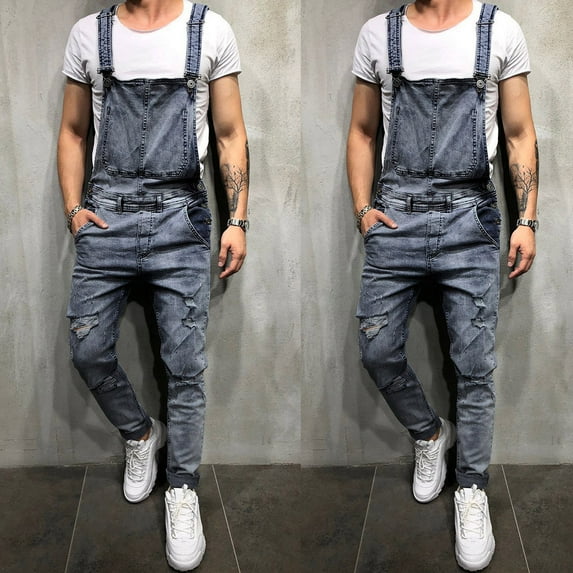 DeHolifer Men's Jumpsuit Suspender Pocket Overall Pants Broken Trousers Wash Casual Jeans Men's Pants Athletic Fit Blue L