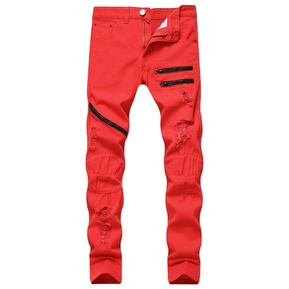 DeHolifer Men's Pants Fashion Ripped Holes Zipper Skinny Hip Hop Biker Jeans Solid Stretchy Slim Fit Distressed Pants Red 3XL