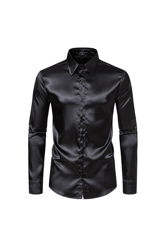QQAMB Men's Shirts Long Sleeve Lapel Nightclub Tops Shiny Slim Fit Button Down Dress Shirts for Party Black XL