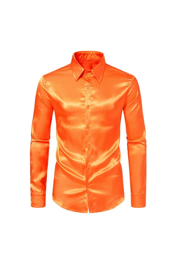DeHolifer Men's Shirts Long Sleeve Lapel Nightclub Tops Shiny Slim Fit Button Down Dress Shirts for Party Orange XL