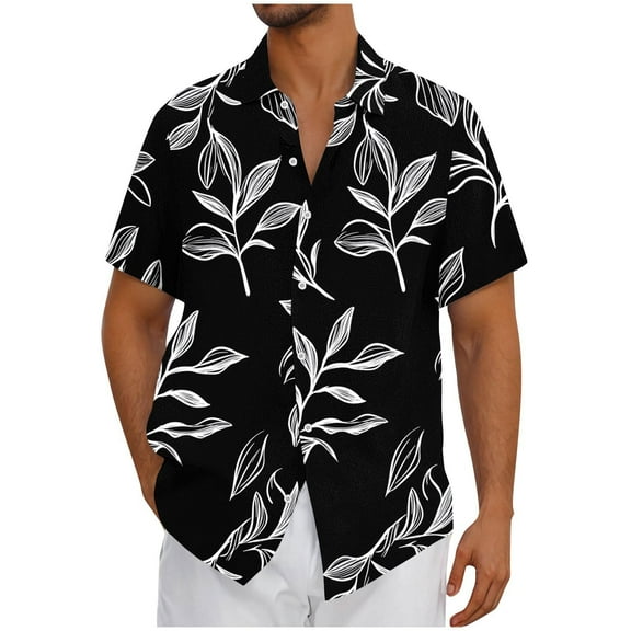 QQAMB Men's Shirts Plus Size Hawaii Printed Vintage Casual Short Sleeve Bowling & Beach Button-Up Summer Shirts Black XL